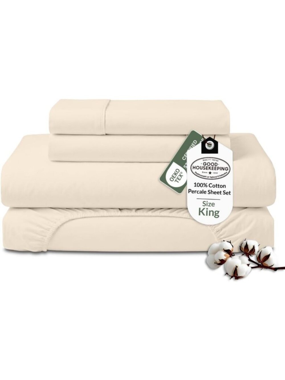 100% Organic Cotton King Sheet Set - Crisp Cool Percale Weave, 4 Pieces, Cream
